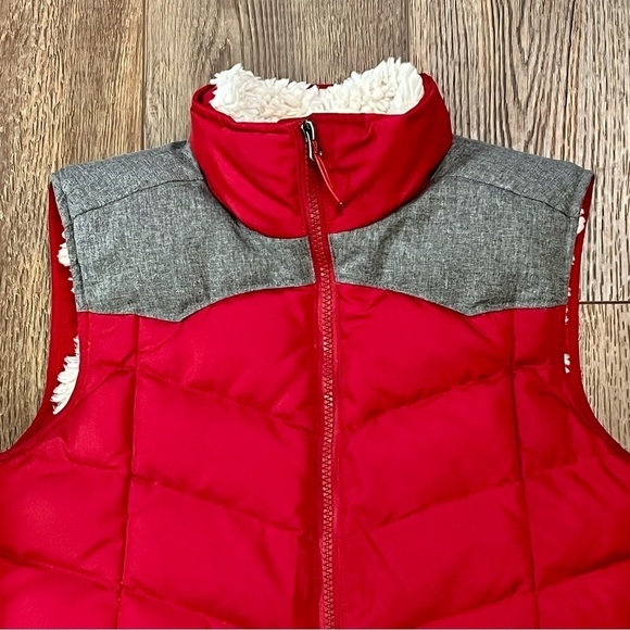 EDDIE BAUER Puffer Vest Goose Down Sherpa Gray Red Quilted Zip Jacket Womens XS - Picture 7 of 13